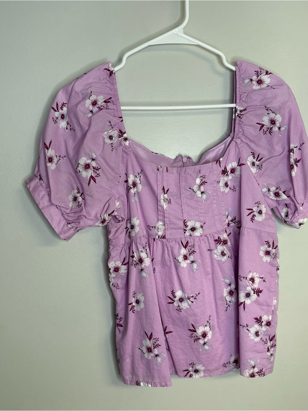 miami Lavender Floral Puff-Sleeve Square-Neck Blouse